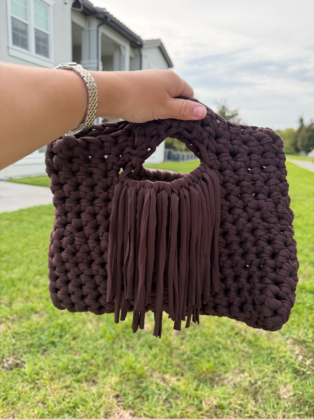 Handmade Espresso fringe clutch